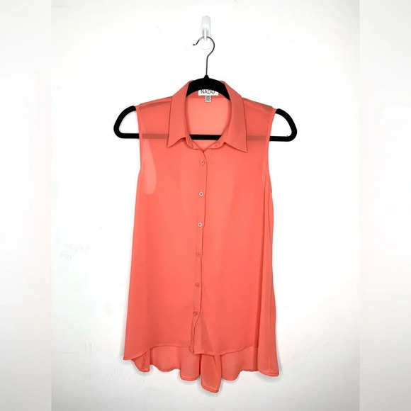 Nado Women's Blouse Sheer Button Down Front Collared Flowy Sleeveless Orange S - Picture 6 of 13